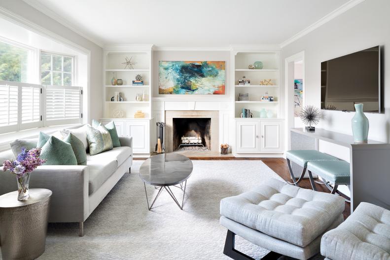 Neutral Transitional Living Room With Light Gray Furniture