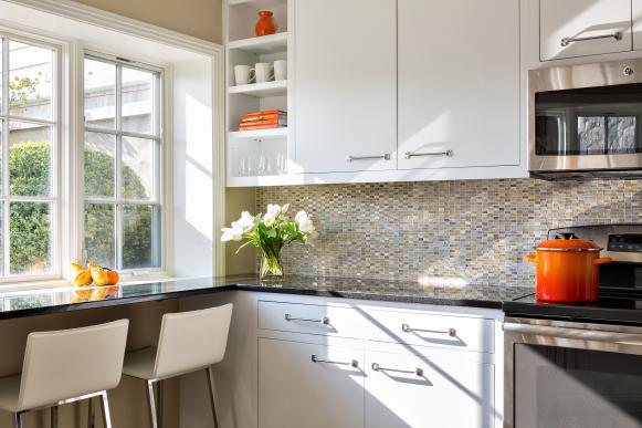 Basement Kitchen With Contemporary Tile Backsplash & White Cabinets