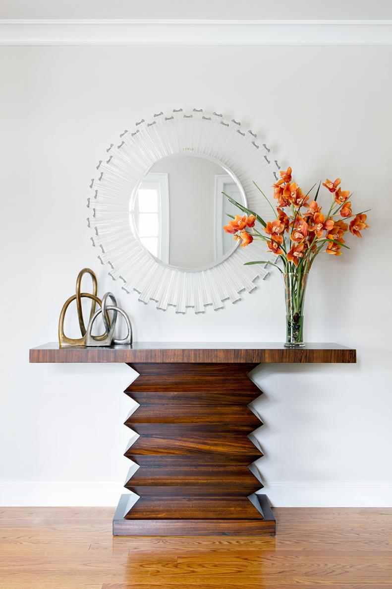 White Contemporary Entry With Funky Wood Console Table