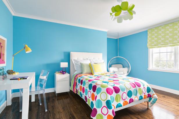 Bright Blue Contemporary Teen's Bedroom With Multicolored Bedding