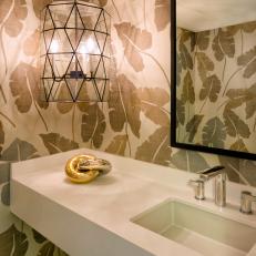 Transitional Powder Room With Palm Leaf Wallpaper