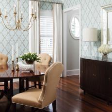 Eclectic Dining Room With Patterned Wallpaper