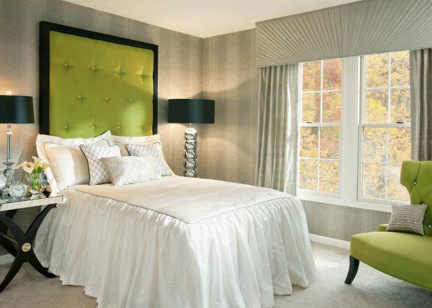 Neutral Hollywood-Glam Guest Bedroom With Green Accents