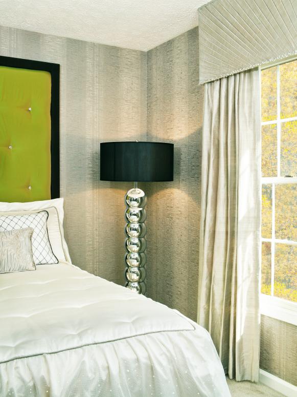 Neutral Art Deco-Inspired Guest Bedroom With Striped Wallpaper