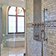 Gray Marble Walk-In Shower With Mosaic Tile Details