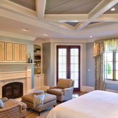 Blue and White Traditional Bedroom With Coffered Ceiling