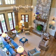 Bird's Eye View of Traditional Great Room With Stone Fireplace