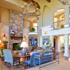 Neutral Traditional Living Room With Tiered Chandelier