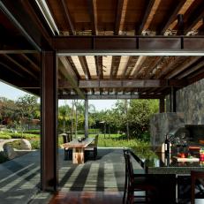 Mexico City Covered Veranda with Fireplace and Kitchen