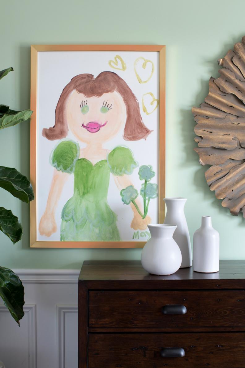 In dining rooms, art is used to create a focal point and also provoke conversation from guests seated at the table. Consider a youthful, cheery approach to dining room art by having childrenâ  s art professionally mounted and framed with grown-up material. Instead of museum glass, opt for non-glare acrylic which is kid-safe and easy to clean.