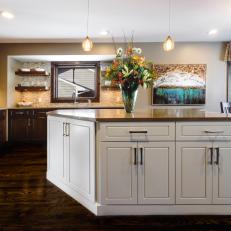 Brown Contemporary Kitchen With White Island