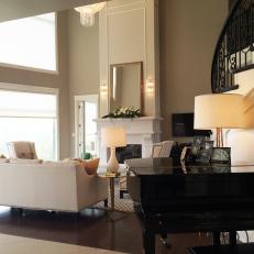 Black Piano in Traditional White Living Room