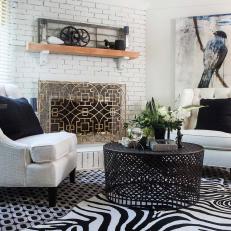 Black and White Eclectic Living Room With Fireplace