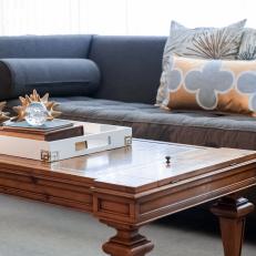 Gray Sofa and Traditional Wood Coffee Table