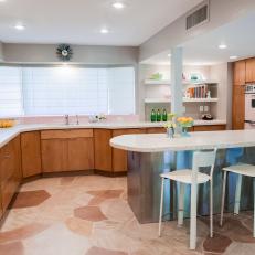 White Midcentury Modern Kitchen With Stone Floor