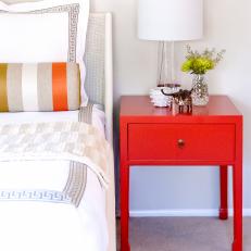 Red Nightstand and Glass Table Lamp
