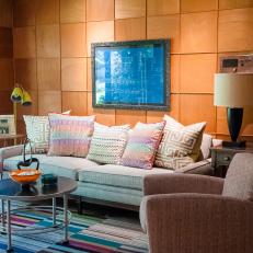 Multicolor Midcentury Modern Living Room With Wood Paneling