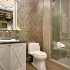 Contemporary Bathroom With Taupe Damask Wallpaper