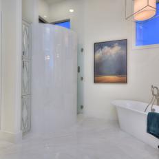 Luxurious Contemporary Bathroom With White Glass Tile Shower