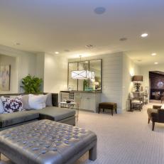 Contemporary Living Room With Wet Bar & Gray Velvet Sectional