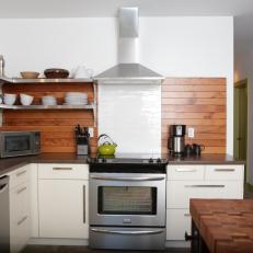 White and Brown Country Kitchen With Open Shelving