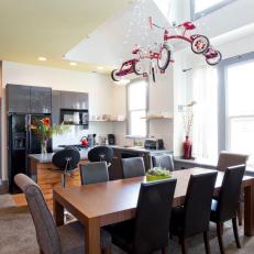 Transitional Multicolored Dining and Kitchen Area With Tricycles