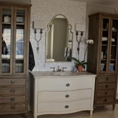 Oak Cabinets and White Wood Dresser Sink