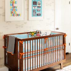 Wood Crib and Dragonfly Wallpaper in Contemporary Nursery