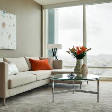 Neutral Contemporary Living Room With Orange Accents