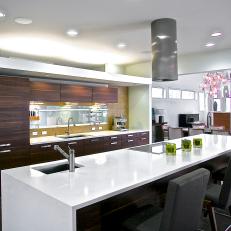 Modern Eat-In Kitchen Features White Waterfall Island