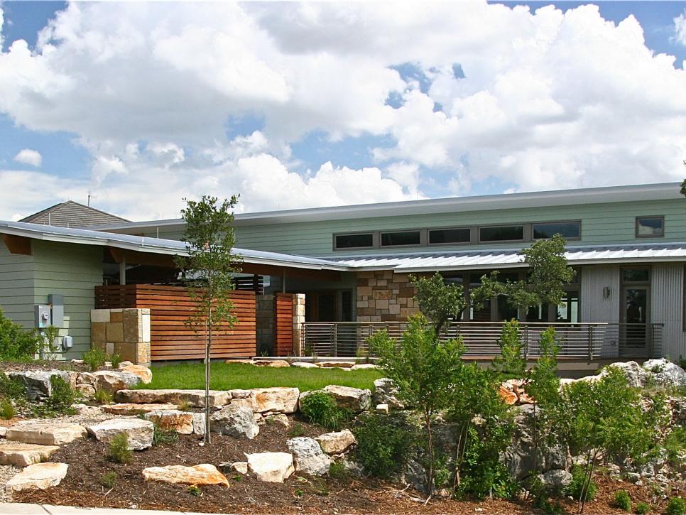 Contemporary Green Exterior With Tin Roof