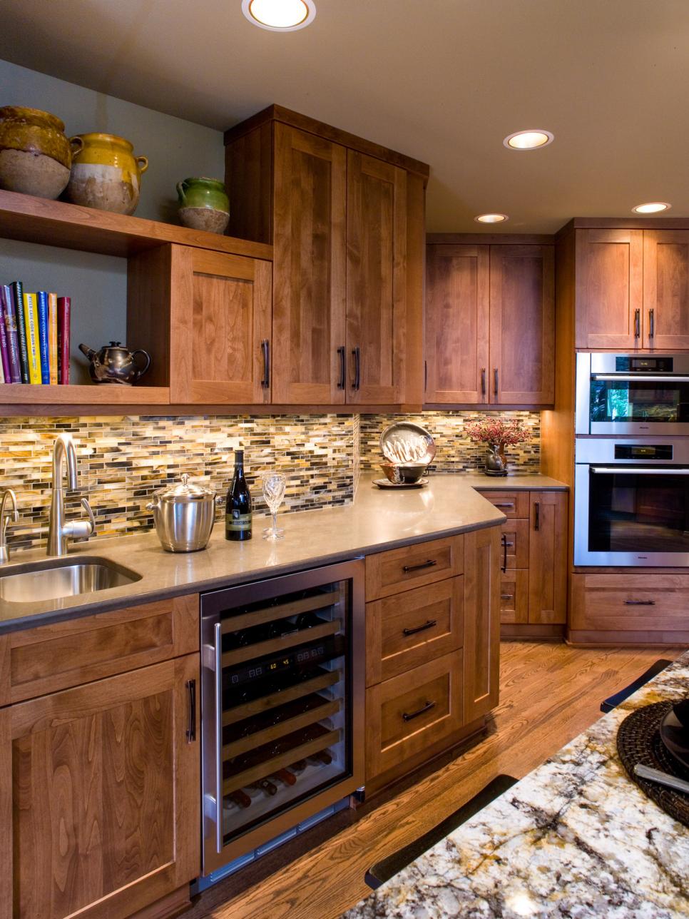 Traditional Wood Kitchen Cabinets and Mosaic Tile Backsplash | HGTV