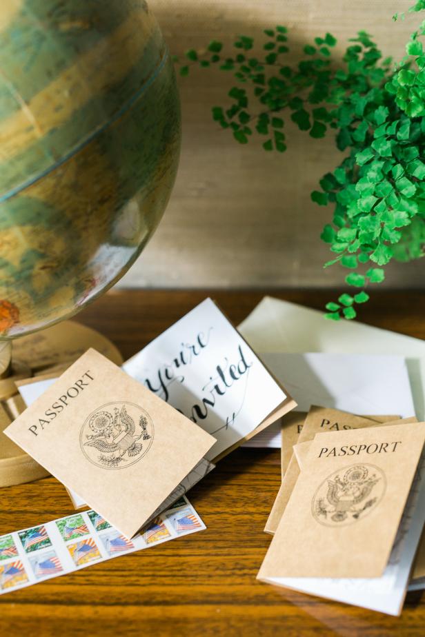 Passport-style party invitations are a stylish way to invite friends to join your next adventure. Gather the following materials for this project: brown card stock, printed map pages, scissors, felt-tip pen, stapler and downloadable invitation cover art template.