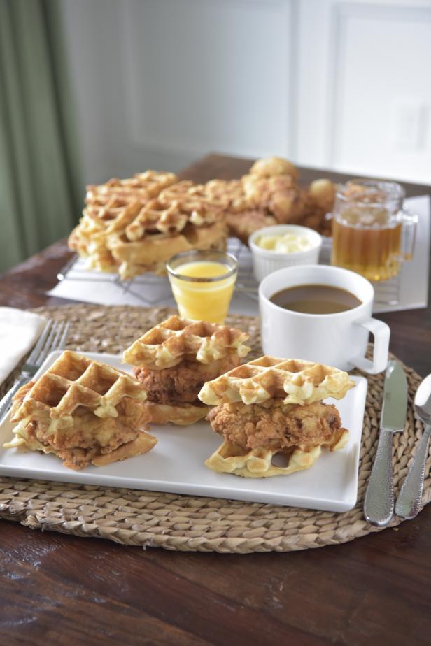 Crispy fried chicken and fresh-baked waffles come together to create a sweet and savory brunch dish. Gather the following ingredients: your favorite waffle batter mix (like buttermilk, sweet potato or apple cinnamon), 4 boneless, skinless chicken thighs, 1 cup plain flour, 1 tablespoon water, 2 eggs, salt and pepper and oil for frying.