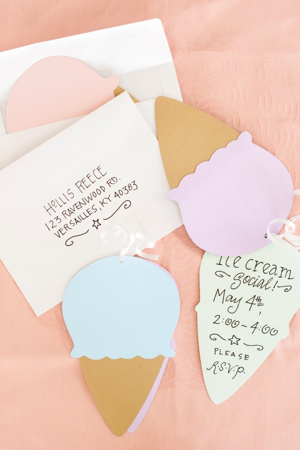 Add a fun, handmade twist to ordinary party invitations with a cute and clever ice cream shape. You'll need the following materials for this nifty project: several sheets of card stock in pastel colors, brown or tan textured card stock, scissors, felt-tip pen, pencil, glue stick, invitation envelopes, hole punch, ribbon and a downloadable ice cream cone template.