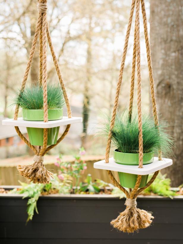 Add greenery and privacy to a shady space with a one-of-a-kind ceiling-mounter planter made from simple materials.