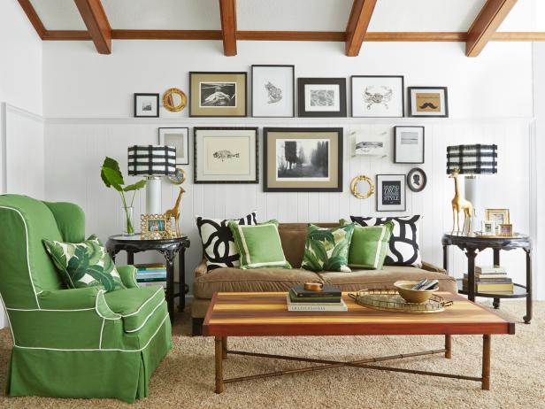 green and neutral living room with gallery wall
