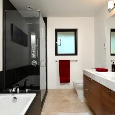 Chic Contemporary Bathroom Features Streamlined Vanity & Glass Enclosed Shower