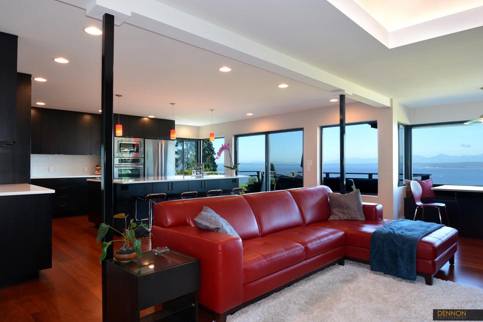 White Contemporary Kitchen & Living Room With Red Leather Couch