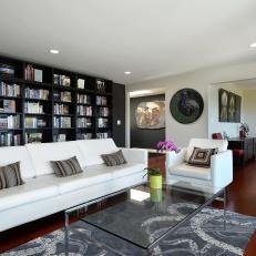 Wall of Built-In Bookshelves in Sophisticated Living Room