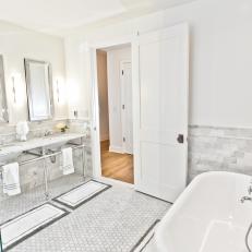 Serene Master Bathroom Features Soft Grays & White