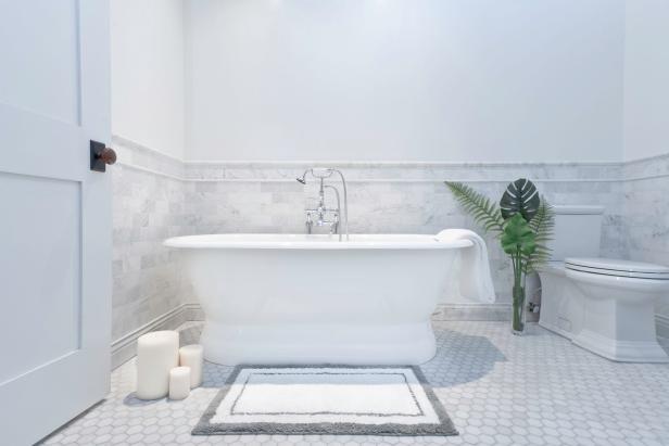 White Transitional Bathroom With White Bathtub