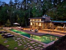 Poolhouse, Patio, Pool and Yard at Night