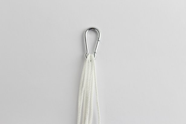 Thread each section through the carabiner. Place the carabiner in the center of the ropes. Fold the ropes in half, creating 8 strands