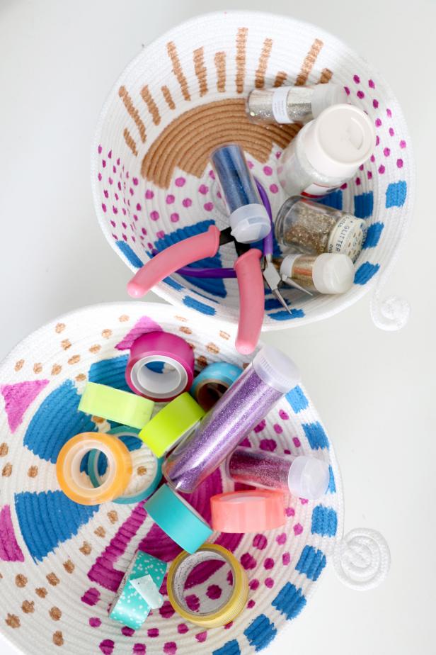 Woven rope can be sewn into bowls using a standard sewing machine. Use the bowls to hold crafts supplies or jewelry. We made the bowls extra fun by painting on geometric designs with acrylic paint.