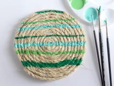 When dry, add fun stripes with the acrylic paint. Make each trivet slightly different and interesting.