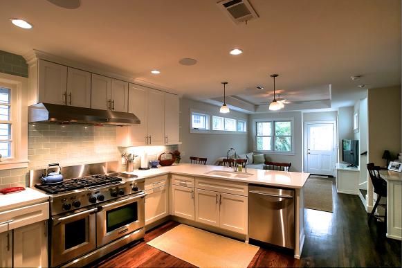 Traditional Open Plan Kitchen With White Cabinets