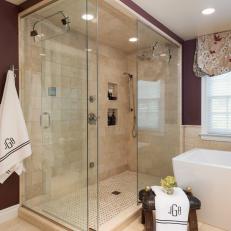 Luxe Walk-In Shower Features Beige Marble Tile