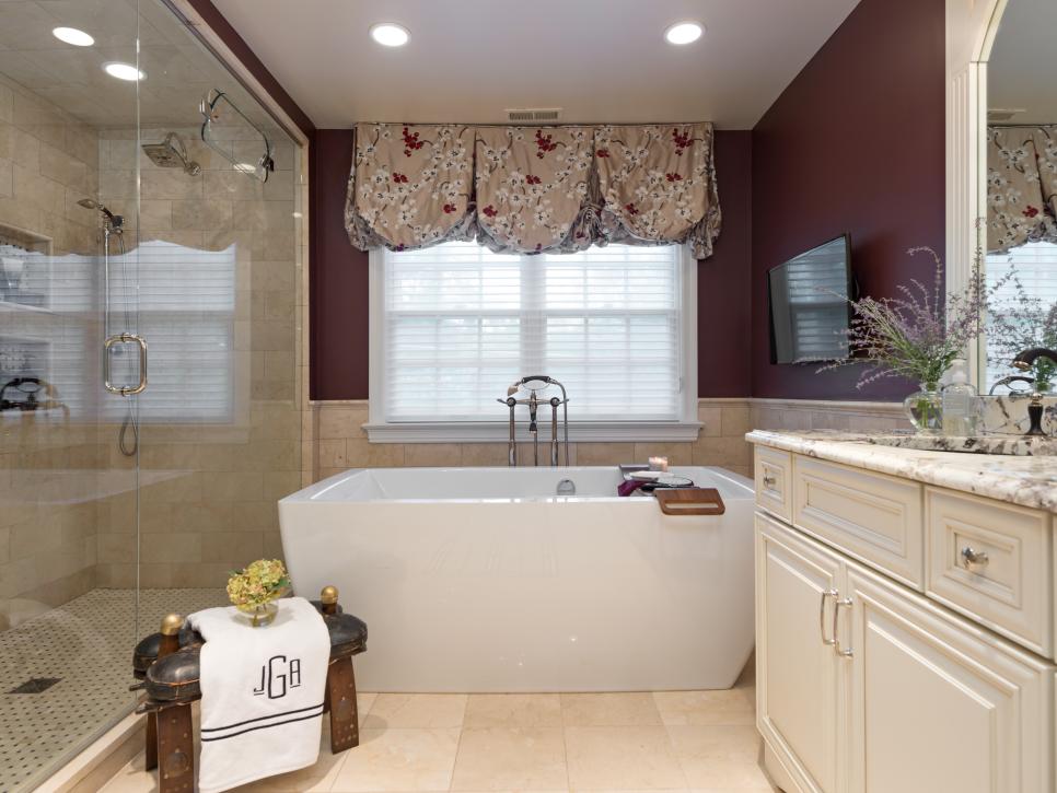 Transitional Burgundy Bathroom With Neutral Marble