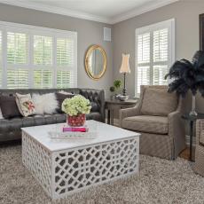 Transitional Family Room With Gray Tufted Sofa & Check Armchairs